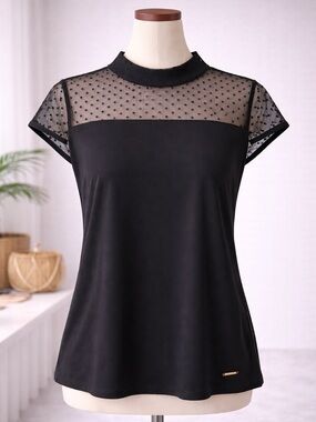 Anne Klein Black Dot Mesh Yoke Cap Sleeve Blouse